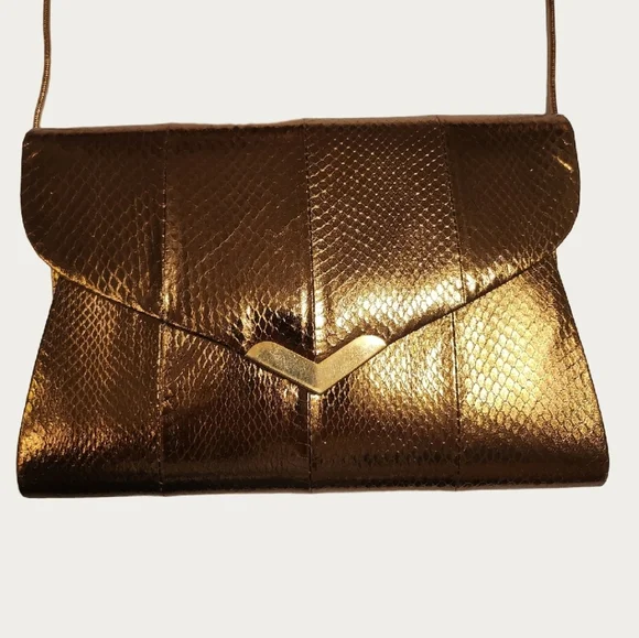 Vintage 1980's Bronze Gold Metallic Snakeskin Clutch/ Shoulder Bag EUC - Picture 3 of 11